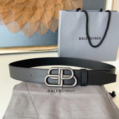 Balenciaga 宽度3.5cm 纯铜复古五金牛皮腰带灰银扣
