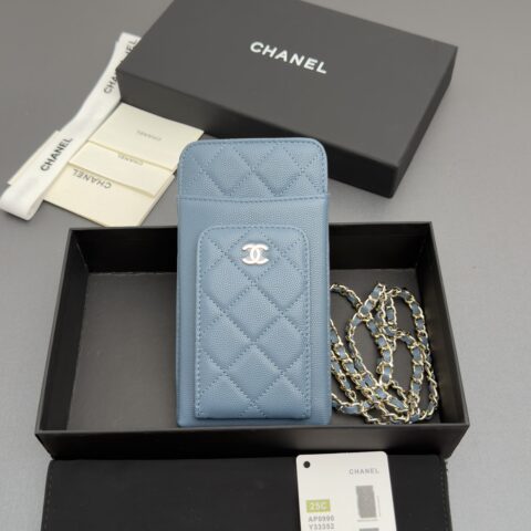 Chanel 意大利颗粒牛皮长夹钱包 雾霾蓝細球纹金扣 型号AP0990