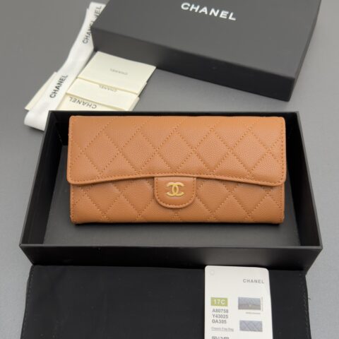 Chanel 牛皮钱包 焦糖色细球纹皮金色钢唛 型号A80758