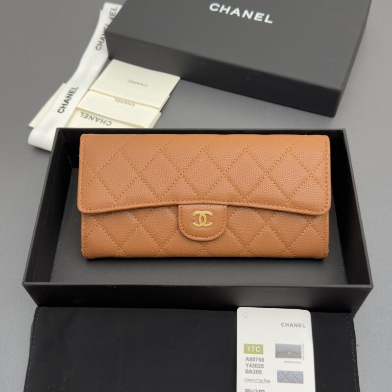 Chanel 牛皮钱包 焦糖色细球纹皮金色钢唛 型号A80758