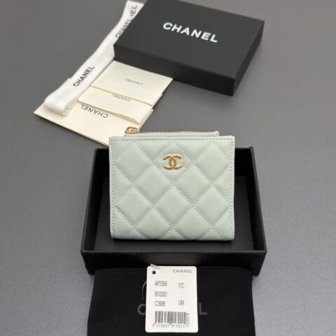 Chanel 短款钱包 浅蓝细球纹金色五金 型号AP3388