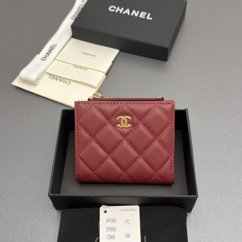 Chanel 短款钱包 酒红细球纹金色五金 型号AP3388