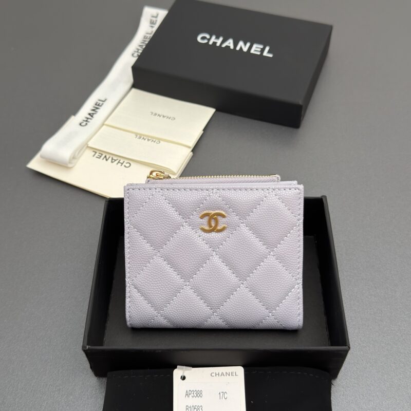 Chanel 短款钱包 浅紫细球纹金色五金 型号AP3388