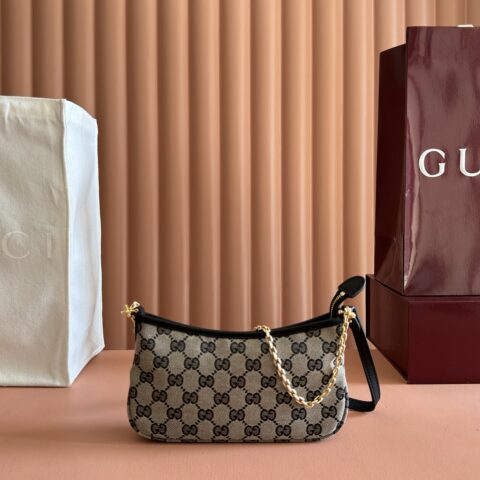Gucci Core系列腋下肩背包 黑色/米色帆布 875847