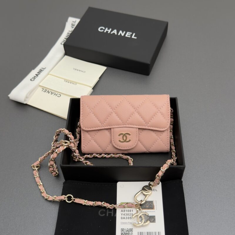 Chanel 牛皮卡包 粉色细球纹金色钢唛五金 型号A81081