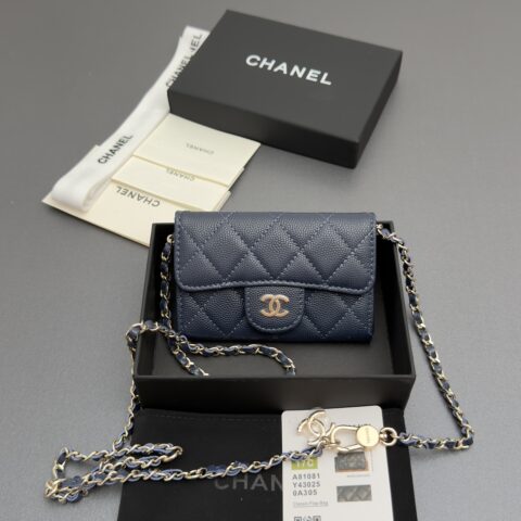 Chanel 牛皮卡包 宝蓝细球纹金色钢唛五金 型号A81081